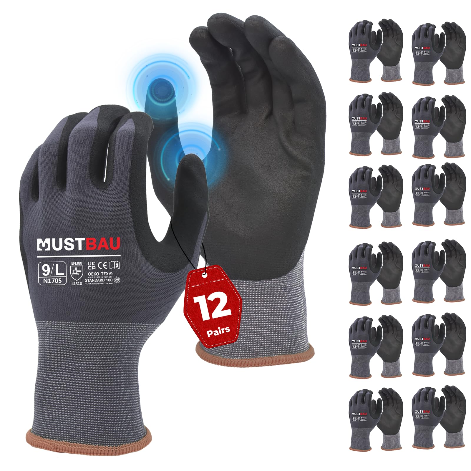 Mustbau 12 Pairs Safety Work Gloves,Non-Slip Gardening Gloves, Abrasion Resistant Nylon Working Gloves,Good Grip on Palm and Fingers,Ideal for Men Women General Duty Work-L