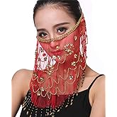 Lauthen.S Women Belly Dance Face Veil with Beads Sequins Halloween Costume Accessory