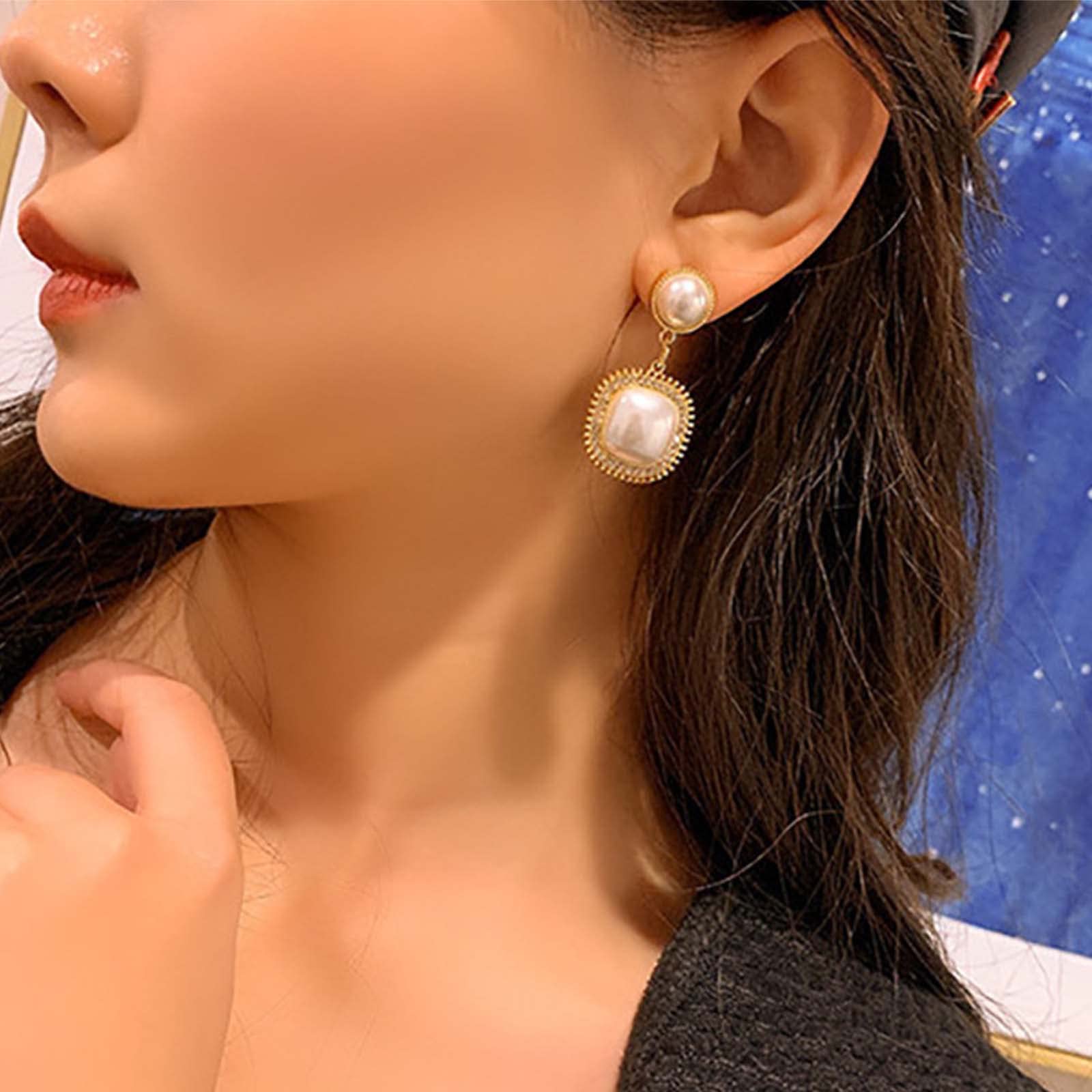 Yienate Crystal Pearl Drop Earrings Studs Large Faux Pearl Dangle Earrings Vintage Bridal Pearl Earring Gold Sparkly Crystal Prom Earrings Jewelry Gift for Women Girls