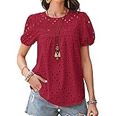 Falechay Womens Summer Tops Crewneck Short Sleeve Shirts Casual Babydoll Chiffon Blouses Eyelet Flowy Lace Hem Boho Clothing