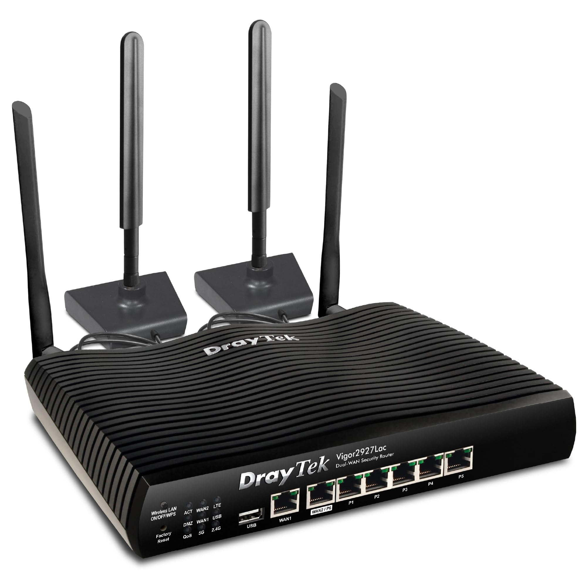 DrayTek Vigor V2927LAC Gigabit Ethernet Failover Router, 3G/4GLTE Embedded Sim Slots, AC Wireless, Dual-WAN Load Balancing, 50 VPN Connections, 5 GbE LAN Ports, Magnetic Base LTE Antenna's