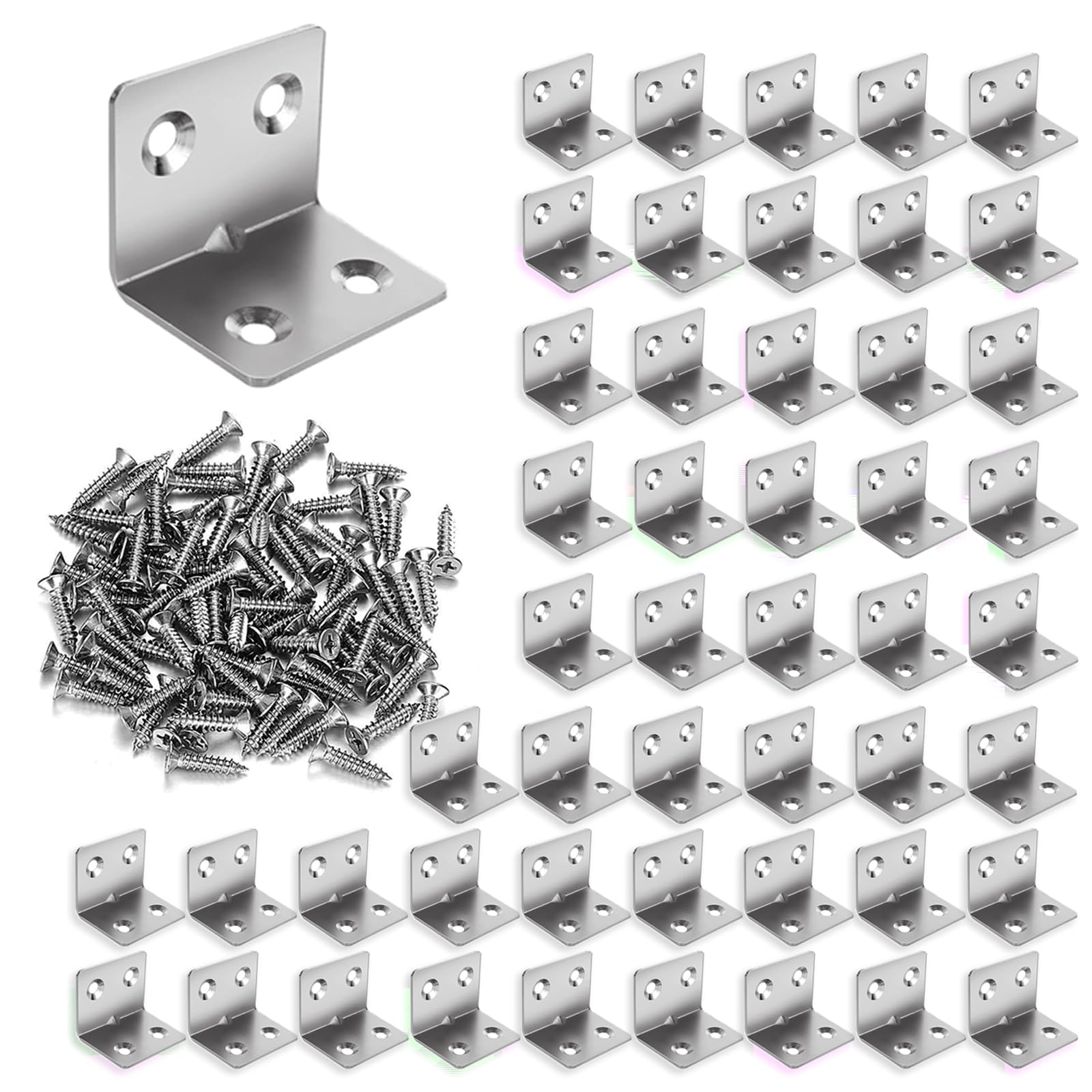 50 Pcs Heavy Duty Angle Brackets, Corner Bracket for Wood with 200 Screws L Metal Brackets Brace 90 Degree for Furniture Shelf Fixing