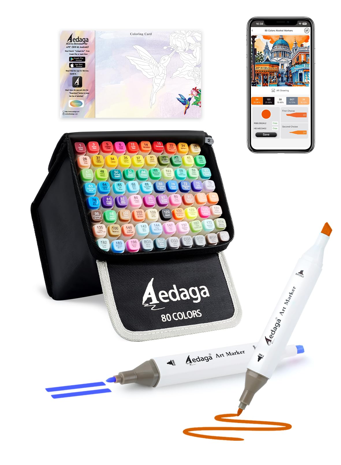 AEDAGA 80 Colours Alcohol Markers with Free App, Chisel and Fine Tips Alcohol Pens with Kickstand Case for Adults, Drawing Markers for Anime Manga Drawing and Sketching