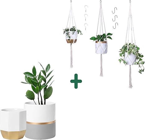 Potey 630501 Macrame Plant Hangers Indoor Outdoor Hanging Plant Holder With 6 Pcs Hooks Boho Hanging Planters Decorative Plant Hanger Set For Modern Decor 3 Pack 34 40 45 White Hanging Planters Patio Lawn Garden