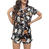 Women 2Pcs Halloween Silk Satin Lounge Sets Ghost Pumpkin Button Top Short Pajamas Set Loungewear Sleepwear