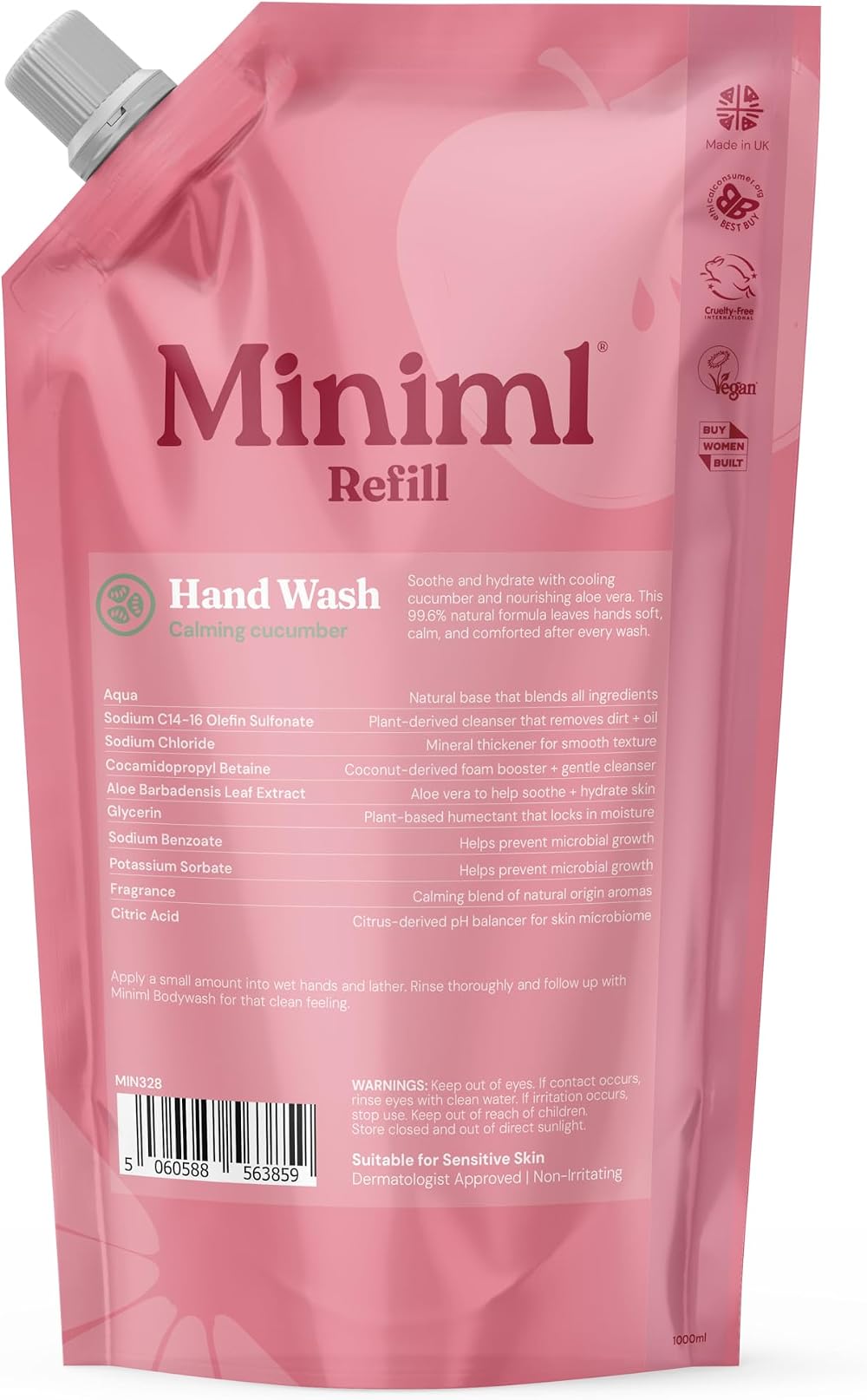 Miniml Hand Soap Refill 1L Cucumber Aloe Vera Eco Friendly Vegan Sensitive Skin