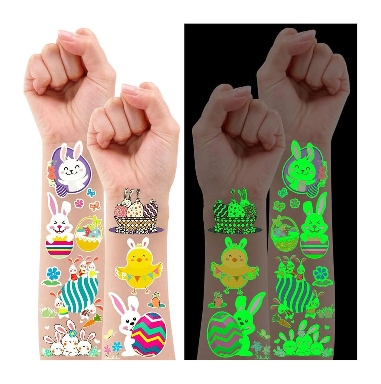 Leesgel Easter Tattoo Stickers for Children, 12 Sheets Luminous Temporary Tattoos for Kids Easter Basket Bags Fillers, Glow Tattoo Stickers Toys Prizes for Easter Egg Hunt Favours