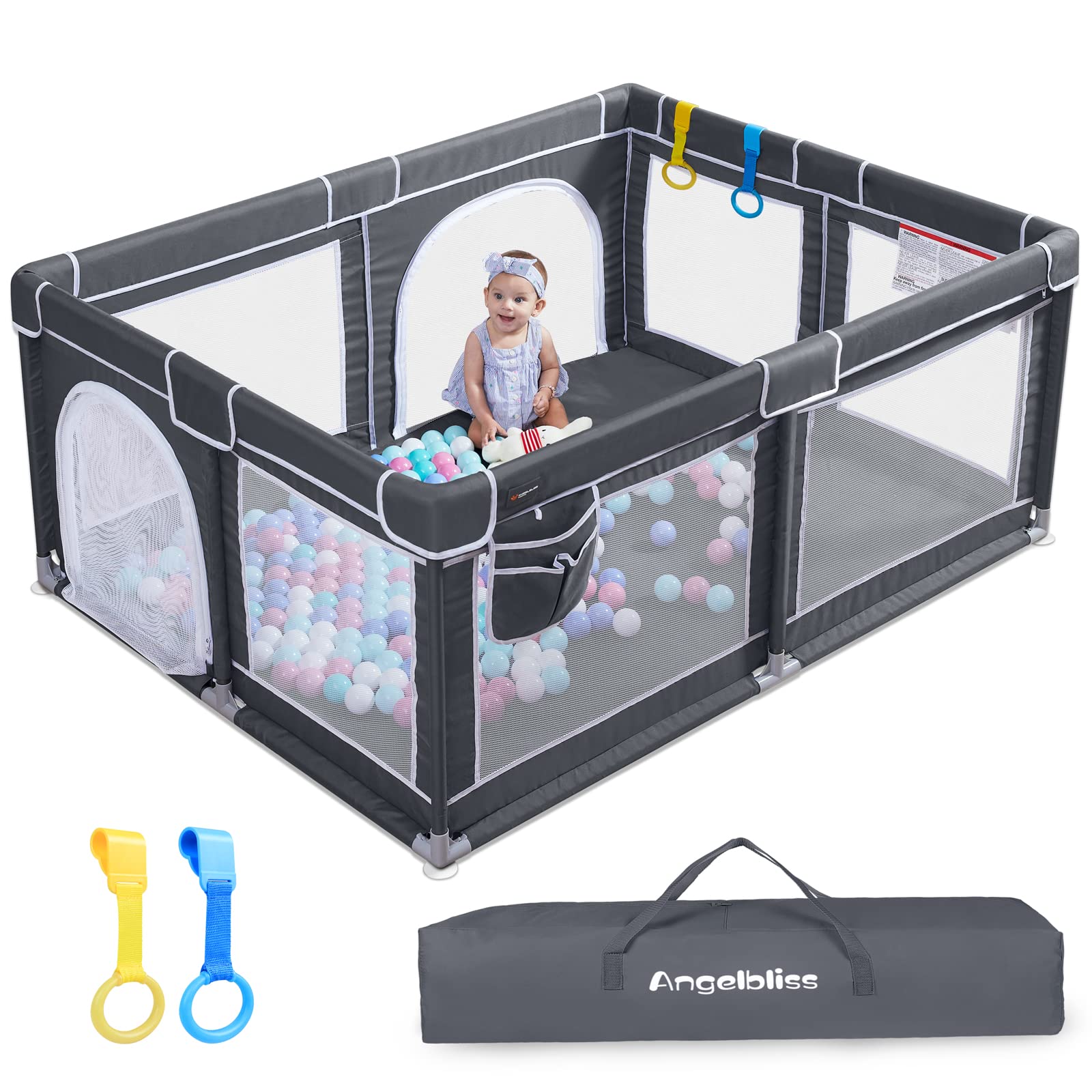 ANGELBLISS Baby Playpen, Large Playpen, Indoor&Outdoor,Sturdy Safety Play Yard with Super Soft Breathable Mesh,Kid's Fence for Toddlers(Dark Grey,63”x47”)