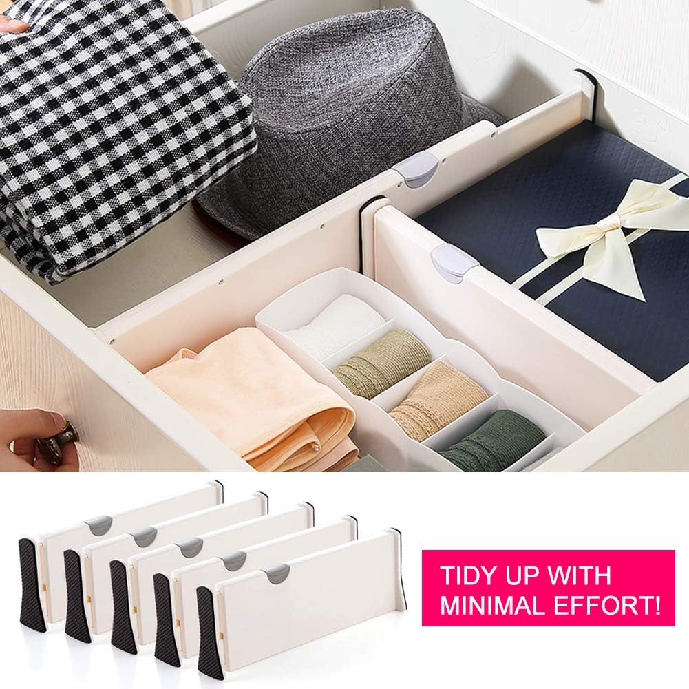 Drawer Dividers Organizer 5 Pack, Adjustable Separators 4" High Expandable from 11-17" for Bedroom, Bathroom, Closet,Clothing, Office, Kitchen Storage, Strong Secure Hold, Foam Ends, Locks in Place: Home & Kitchen