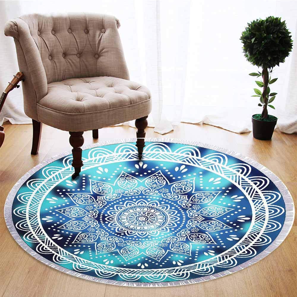 btcus4 Round Beach Towel Thick Microfiber Circle Blanket with Tassels Multi-Purpose Ultra Soft Super Water Absorbent Digital Printing High Color Fastness Sunscreen Yoga Mat Camping (119-blue Mandala)
