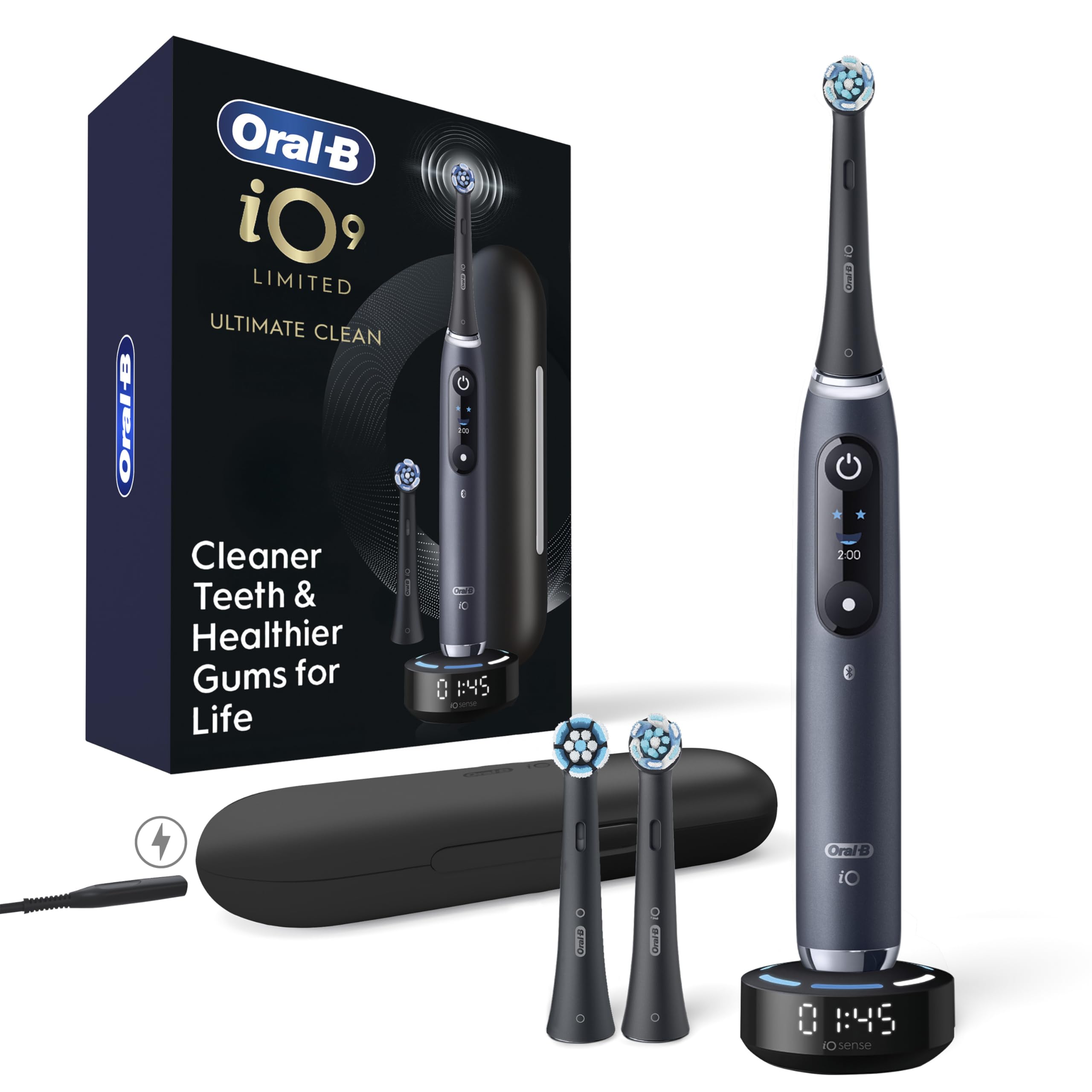 Photo 1 of Oral-B iO Series 9 Limited Rechargeable Black Electric Toothbrush with (2) Ultimate Clean and (1) Gentle Care Replacement Brush Heads, Black, Travel Case and Charger