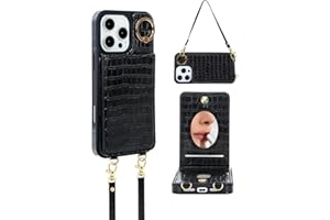 Stylivolve Wallet Case for iPhone 16 Pro with Mirror, Crossbody Strap & Wrist Lanyard, Kickstand Magnetic Clasps Card Holder with RFID Protection, Shockproof Cover for Women - 6.3" (Black)