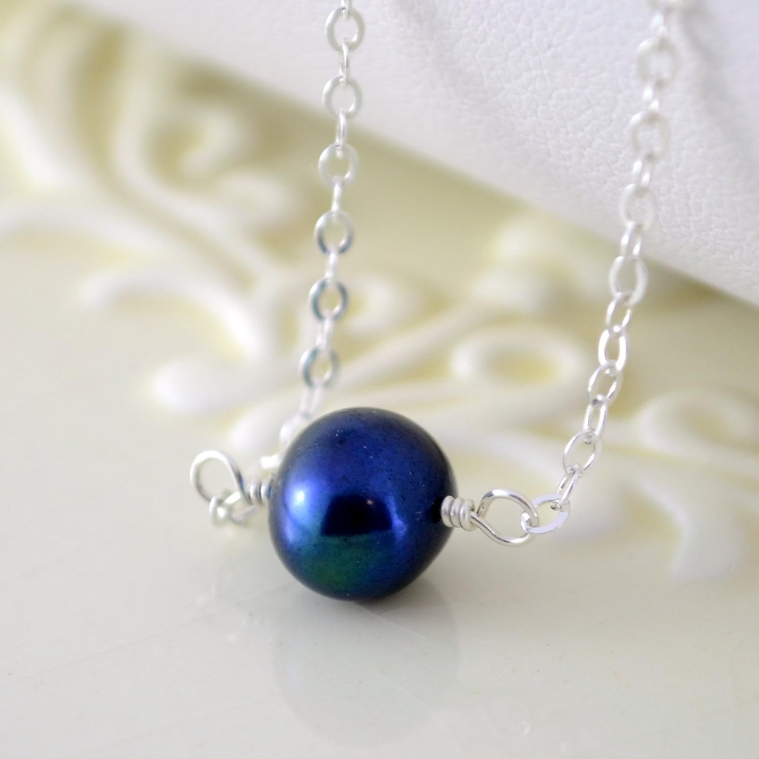 Navy Blue Pearl Choker Necklace in Sterling Silver Handmade