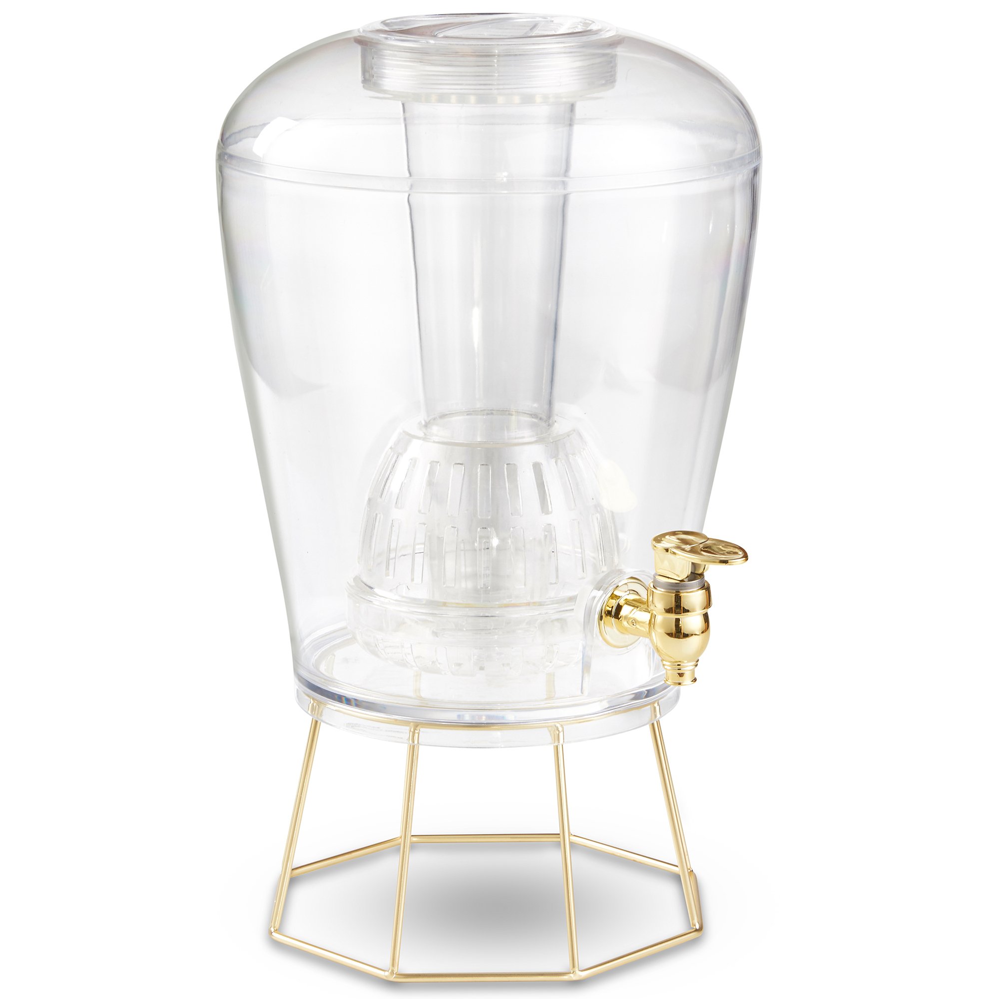 VonShef Drinks Dispenser 8L with Gold Tap, Gold Stand, Ice Core, Fruit