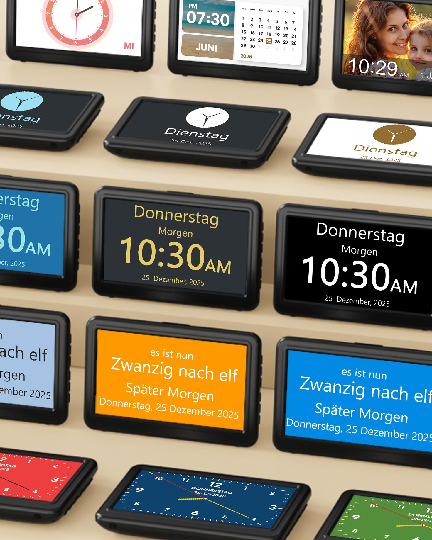 Roxicosly Digitaler Kalender, Elektronischer Tag Datum Wecker, Digital Uhr mit 20 Benutzerdefinierte Erinnerungen, 20 Wecker, 12 Themen, 10 Stufen Dimmer, 7 Zoll, Demenz Uhr für Senioren (Netzbetrieb) 6