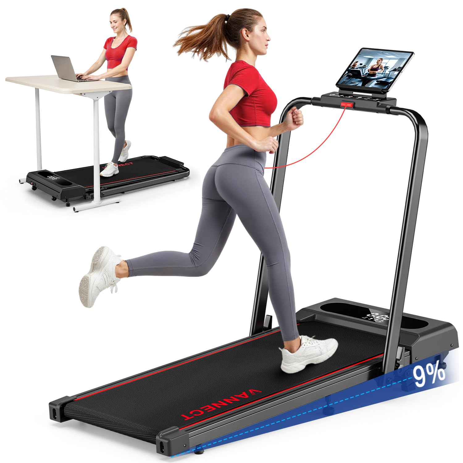 6 in 1 Folding Treadmill with 1-12KM/H, 9% Incline Walking Pad Foldable with APP, 2.75HP Under Desk Treadmills for Home Office, Running Machine Portable with Magnetic Remote Control, 350LBS Weight