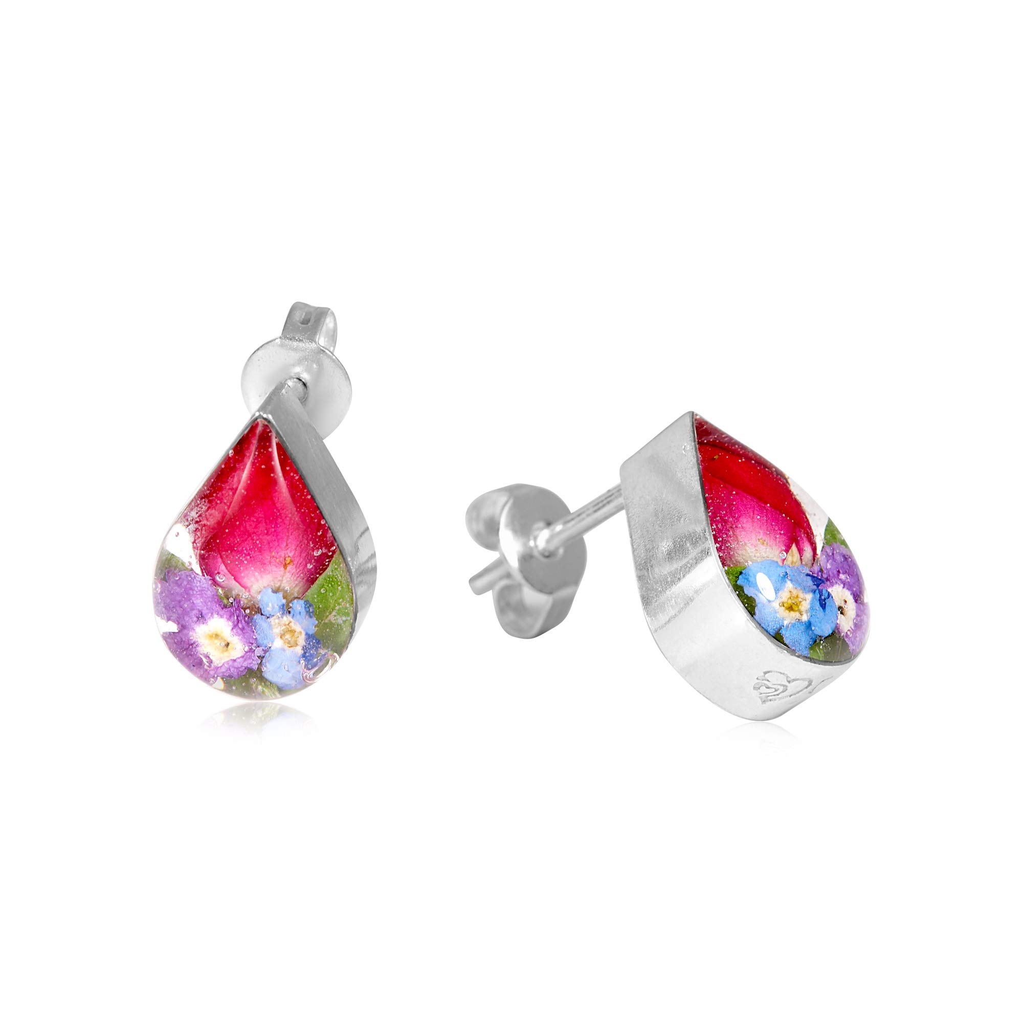 Shrieking Violet 925 Sterling Silver Teardrop Real Flower Stud Earrings - Assorted Flowers (Multicolour)