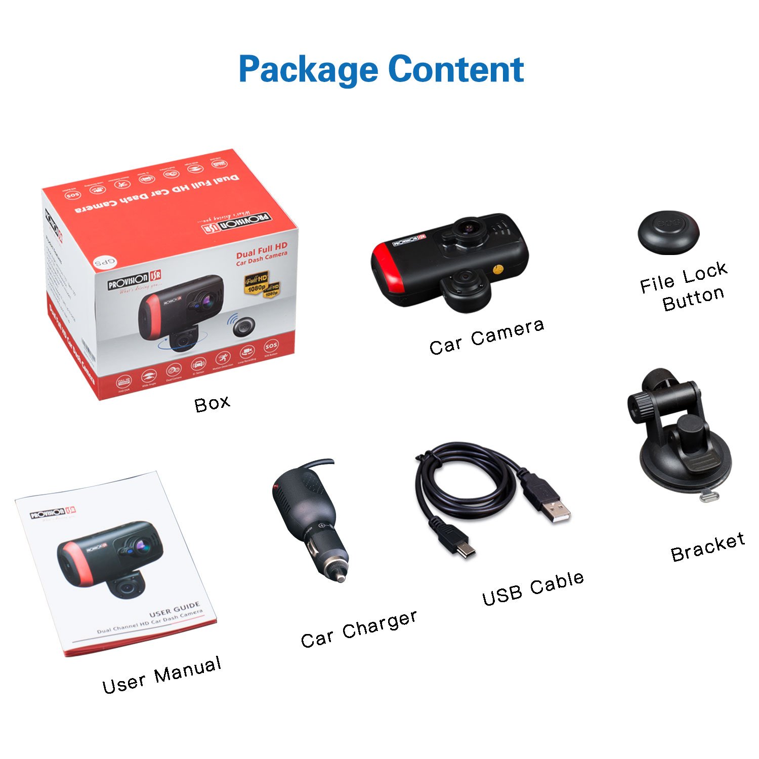 Provision-ISR Dual Dash Cam, Rotatable Inner Camera, Night Vision, Wireless SOS Button Included, Supports 64GB Memory Cards, Full HD 1080p, for Rideshare Drivers, Parking Guard, G Sensor