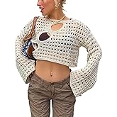 Women's Crochet Knit Crop Top Pullover Sweater Long Sleeve Hollow Out Square Neck Y2k Shirt Summer Streetwear