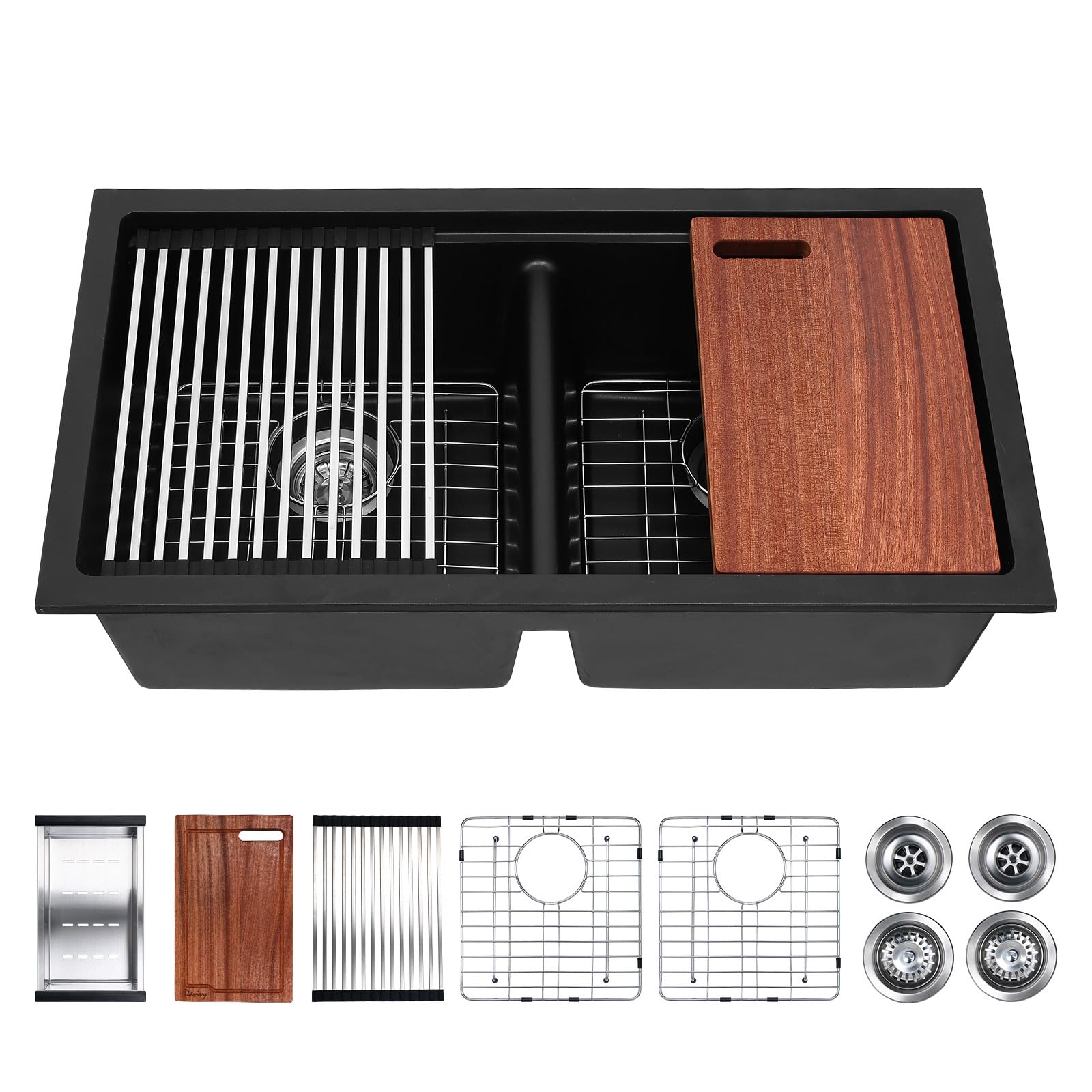 Photo 1 of ****BROKEN****Davivy 33 Inch Black Undermount Double Bowl Kitchen Sink, 50/50 Quartz Granite Composite Double Kitchen Sink Workstation, Deep Double Bowl Design with Accessories