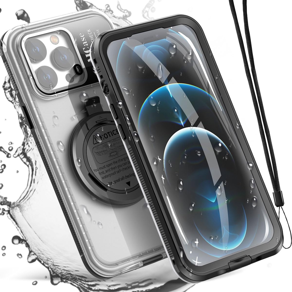 AICase Self-Check Waterproof Phone Case for iPhone 12 Pro Max, Underwater Touchscreen Water Proof Dustproof Snowproof Diving Phone Case Built-in Screen Protector for Shower, Bike, Beach, Snorkeling — image 1