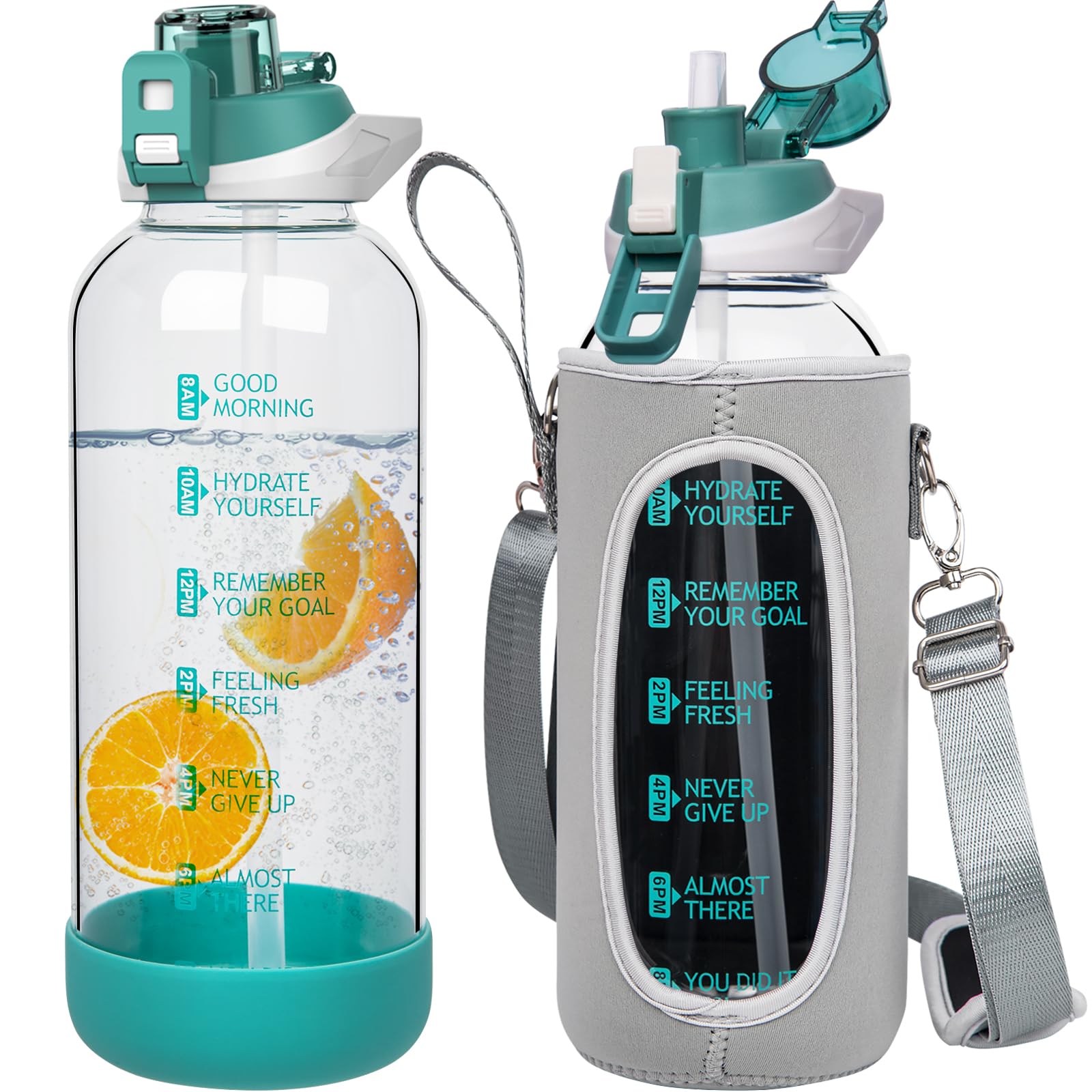 Seekua 1.5l Large Glass Water Bottle with Straw & Time Markings 1.5 litre Big Motivational Glass Drinking Bottle BPA free Leakproof