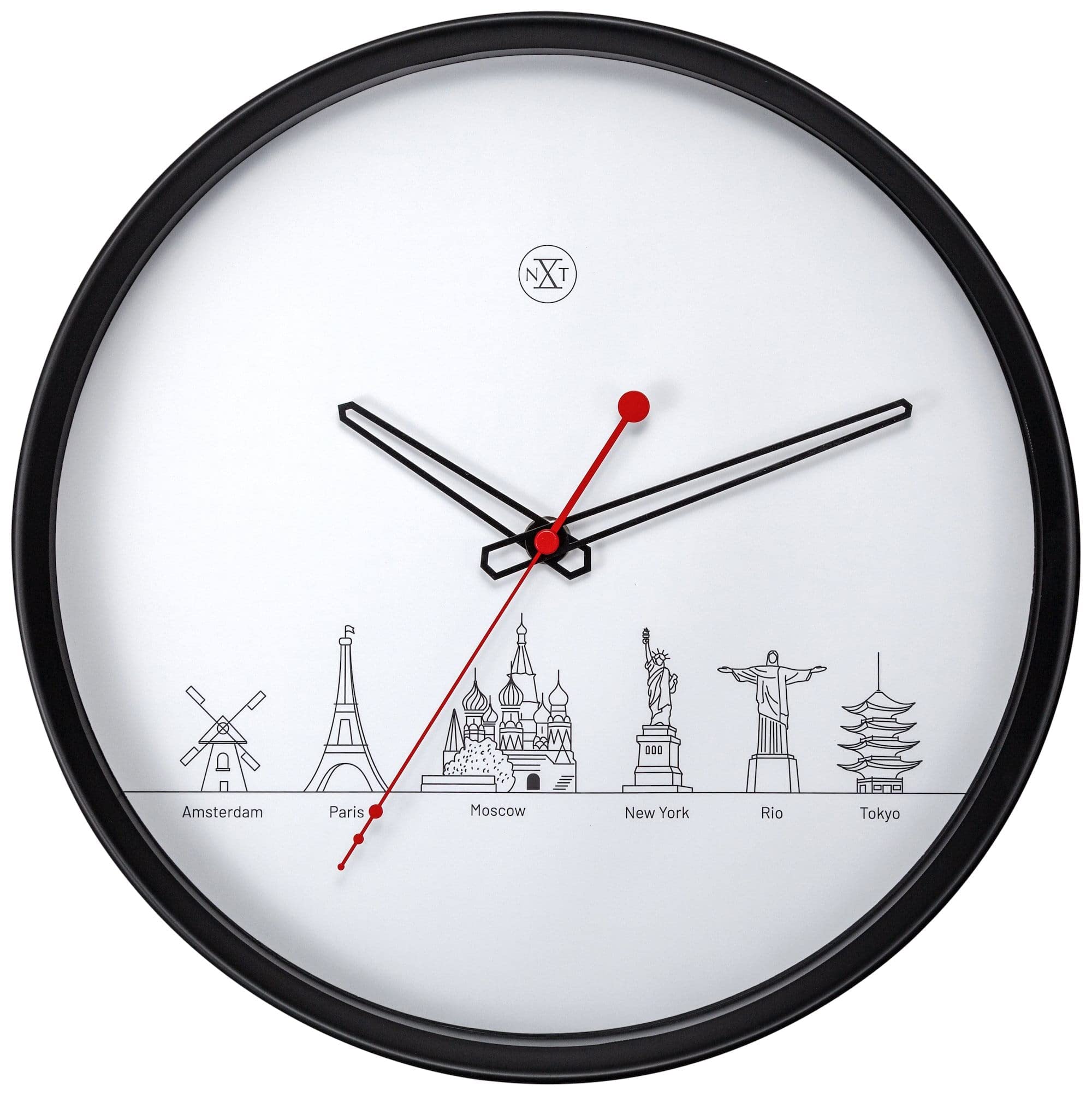 NexTime nXt- Wall clock - Ø 30 cm - Plastic - Black/White - 'Worldtour'