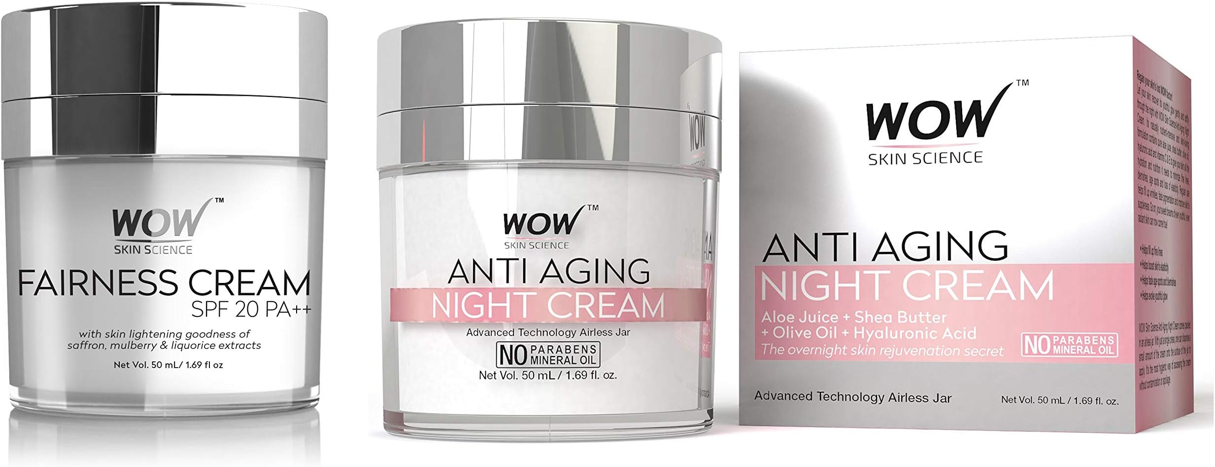 WOW Fairness SPF 20 PA++  No Parabens & Mineral Oil Cream, 50mL and WOW Anti Aging No Parabens & Mineral Oil Night Cream, 50mL