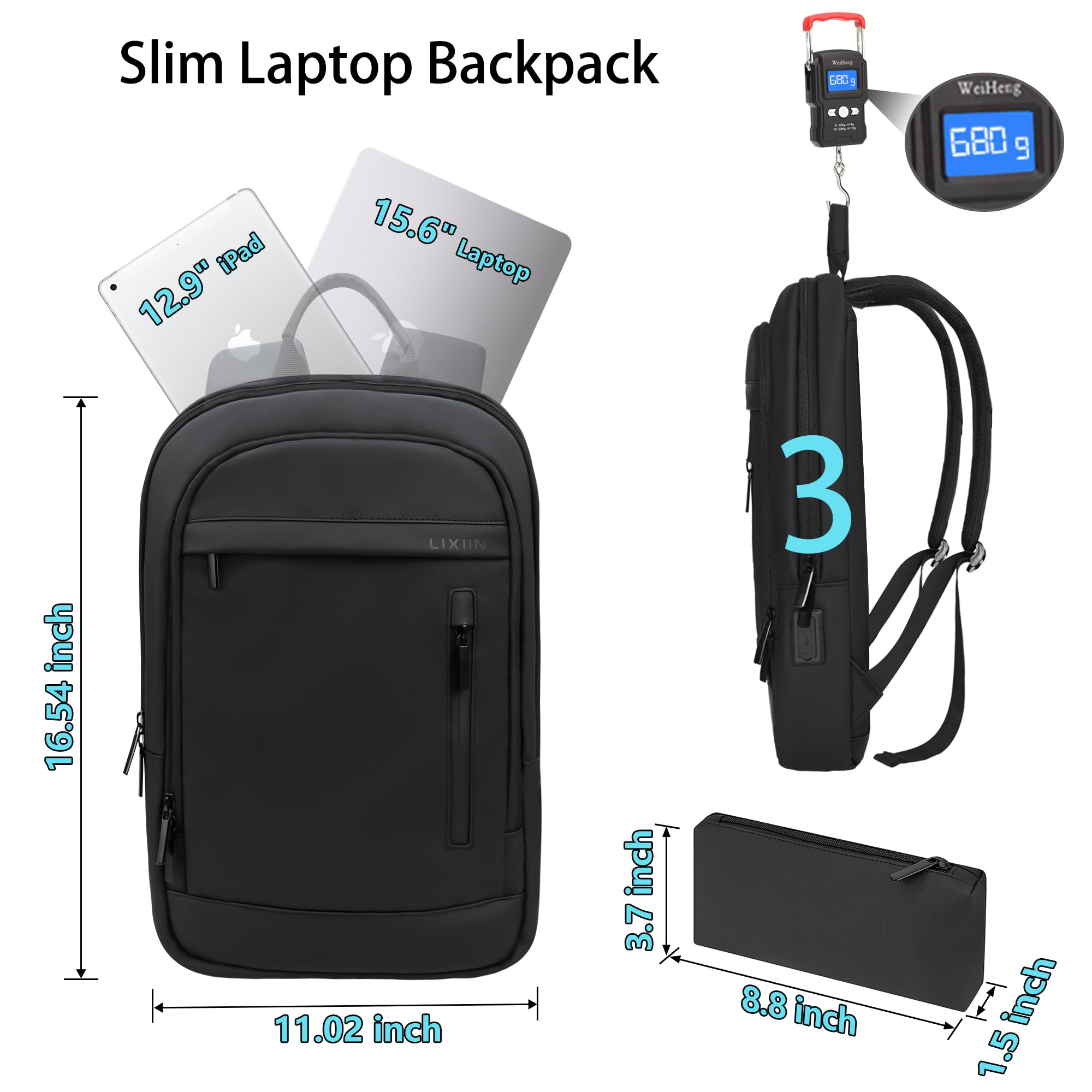 Business Backpack for Men Lightweight Commute Laptop Backpack Anti-Theft Water Resistant Backpack for 15.6 Inch Computer for Daily Office Work with Small Bag (Black)