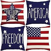 4th of July Pillow Covers 18x18 Inch,Set of 4 Patriotic Red White Blue Summer Outdoor Throw Pillow Covers,Independence Memori