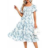 Bbonlinedress Womens Casual Floral Summer Smocked Beach Party Boho Midi Square Neck Dress