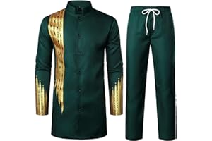 ZEROYAA Men's Kente Print Suit Long Sleeve Button up African Dashiki Shirt and Pants Ethnic 2 Piece Outfit
