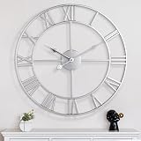 HAITANG Vintage Silver Wall Clock 40cm Roman Numerals Quiet Battery Operated view 9