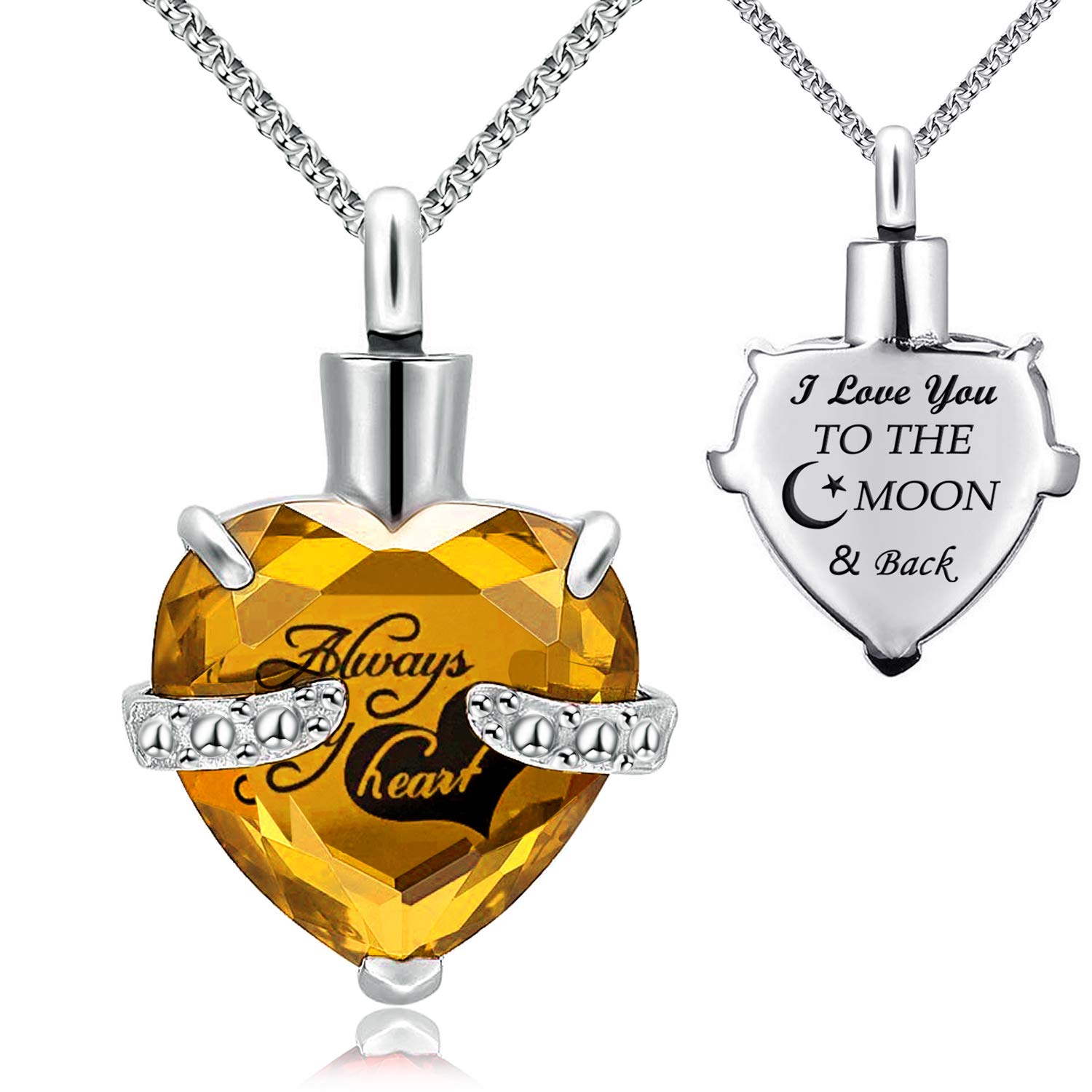 Urn Necklace for Ashes "Always in My Heart" "I Love You to the Moon and Back" Birthstone Cremation Keepsake Pendant Necklaces (November) — image 1