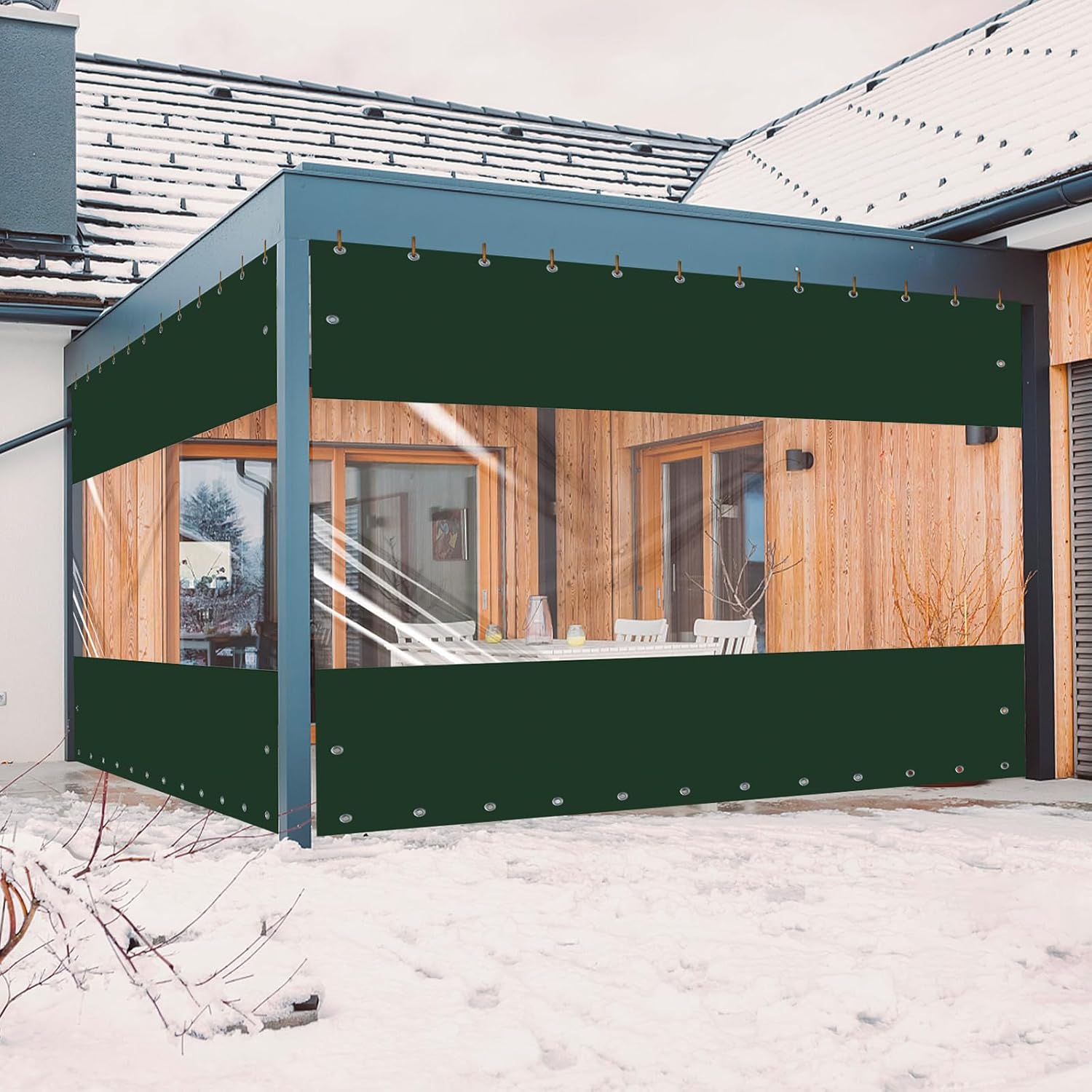 Outdoor Curtains - Ezcasch 20 Oz Outdoor Vinyl Curtain, Outdoor Clear Panel Curtain, Weather Resistant Outdoor Curtain for Pergola, Porch, Gazebos, with Rustproof Grommets (8'H x 10'W, Dark Green)