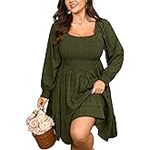 SHESTARR Womens Plus Size Dress Fall Casual Puff Long Sleeve Square Neck Empire Waist Tiered A-line Mini Short Dress