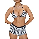 MakeMeChic Women's Striped Bikini Set Halter Triangle Tie Backless String Swimsuit with Boyshorts
