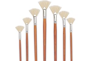DUGATO Artist Fan Paint Brush Set of 7, White Hog Bristle Natural Hair Anti-Shedding Brush Tips, Long Wooden Handle for Comfortable Holding, Great for Acrylic Oil Painting