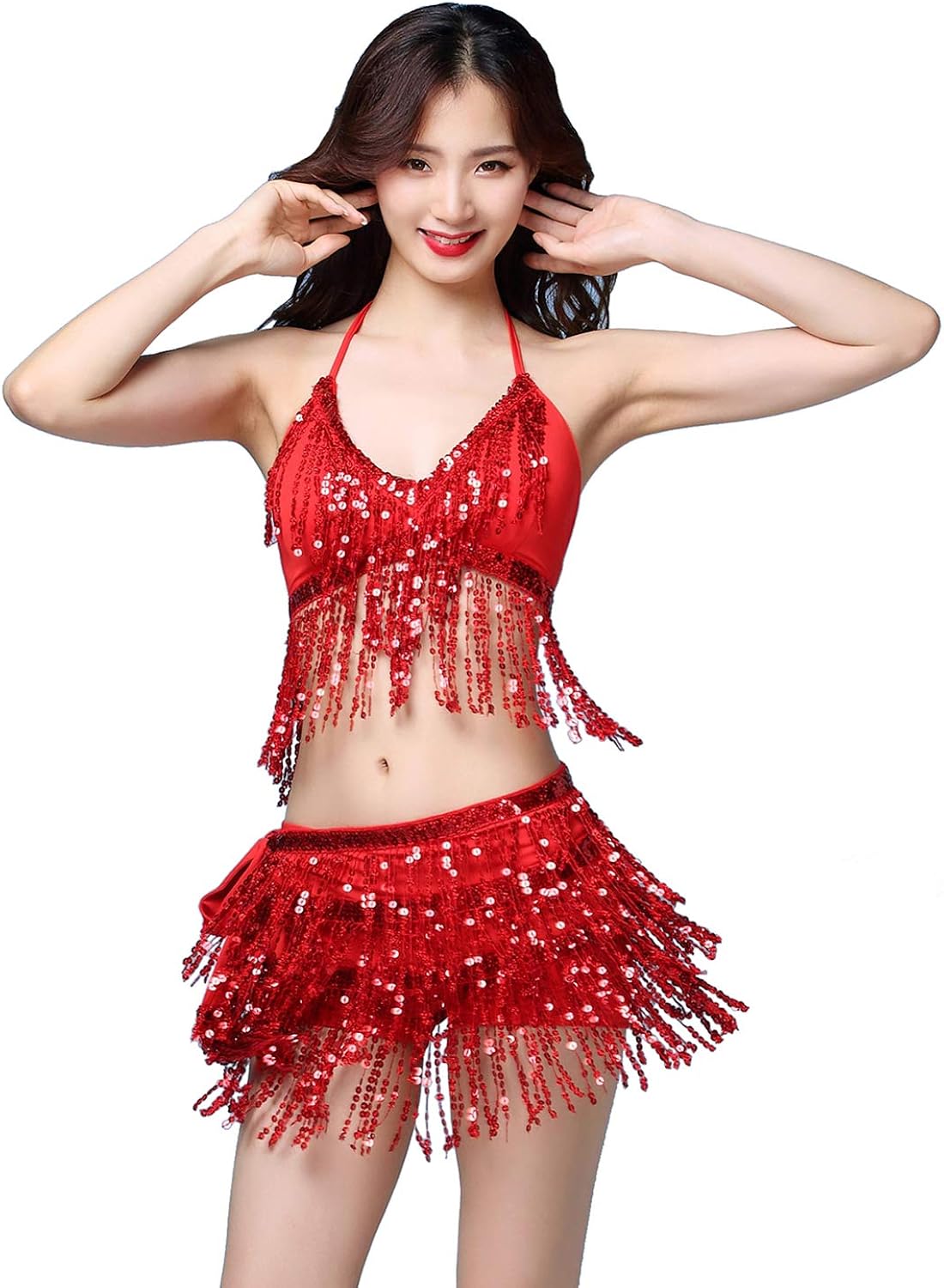 ORIDOOR Women Latin Belly Dance Costume Sequin Tassel Padded Bra Top & Hip Scarf Wrap Skirts with Shorts, Red, One Size: Clothing