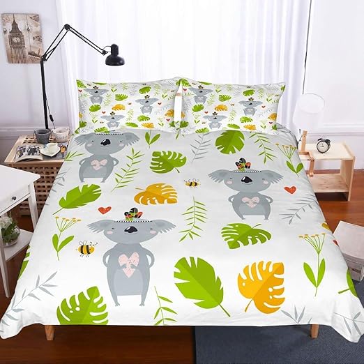 Soefipok Koala Bedding Set,3D Gray Koala Bees Green/Yellow Leaves Print