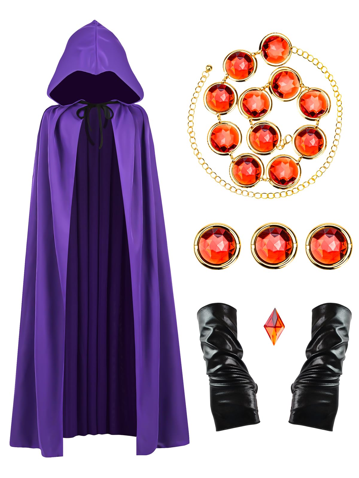 Photo 1 of Abitoncc Halloween Costumes Purple Cloak for Women, Anime Cosplay Hooded Cape with Adjustable Red Stones Waist Belt Faux Leather Gloves (M: 5'5"-5'9")