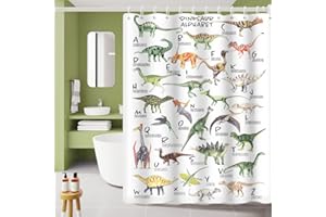 Umpoo Dinosaur Letters Chart Shower Curtain for Kids Bathroom Funny ABC Educational Learning Tool Bath Curtain Waterproof Fabric Polyester Wild Animal Decor Shower Curtain with Hooks, 60x72 Inch