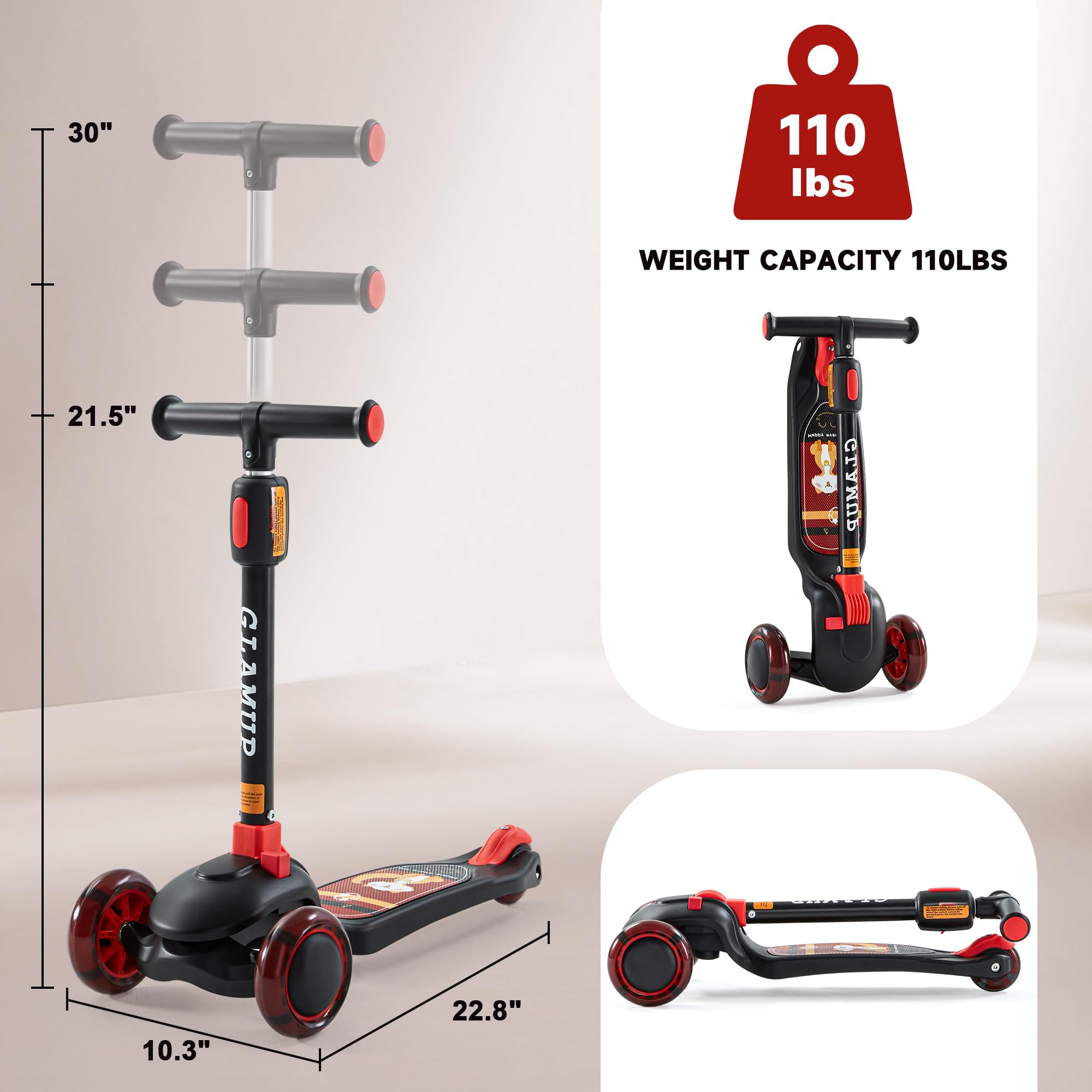 Kick Scooter Adjustable Height Adjustable Handlebar，Kids Scooter 3 Wheel with LED Lights，Suitable Kids Ages 2，Ages 6，Ages 8，Extra Wide Deck for Boys and Girls
