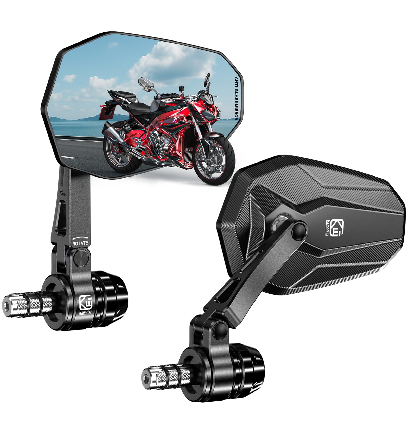 Photo 1 of VAZESWIN Aluminum Alloy Rainproof Foldable Motorcycle Bar End Mirrors, CNC Machined Anti-Glare Blue Lenses Motorcycle Rear View Mirrors, Multi-Angle Adjustable Fit for 12-18mm Handlebar Inner Diameter