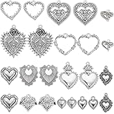 SUNNYCLUE 1 Box 48Pcs Heart Charms Sacred Heart Charm Valentine's Day Tibetan Style Antique Silver Hearts Charm Hollow Heart Love Easter Holiday Sacred Heart Charm for Jewelry Making Charms DIY Craft