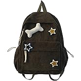 Corduroy Y2K Star Preppy Backpack, Cute Vintage Fashion Grunge Bookbag, Aesthetic Emo Laptop Daypack for Men Women Casual Bag (Green)