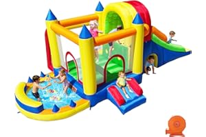 Hongcoral Inflatable Bouncy Castle with Wide Slide, Splash Pool/Ballpit, Secret Crawl Tunnel & Soccer Goal, Multi-Activity Ju
