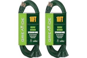 GREATIDE 2 Pack 10 Ft Outdoor Extension Cord with 3 Electrical Power Outlets - 16/3 SJTW Durable Green Cable with 3 Prong Grounded Plug