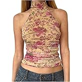 RoseSeek Women's Retro Y2K Floral Halter Top Backless Sleeveless Crop Tops Boho Going Out Clothes