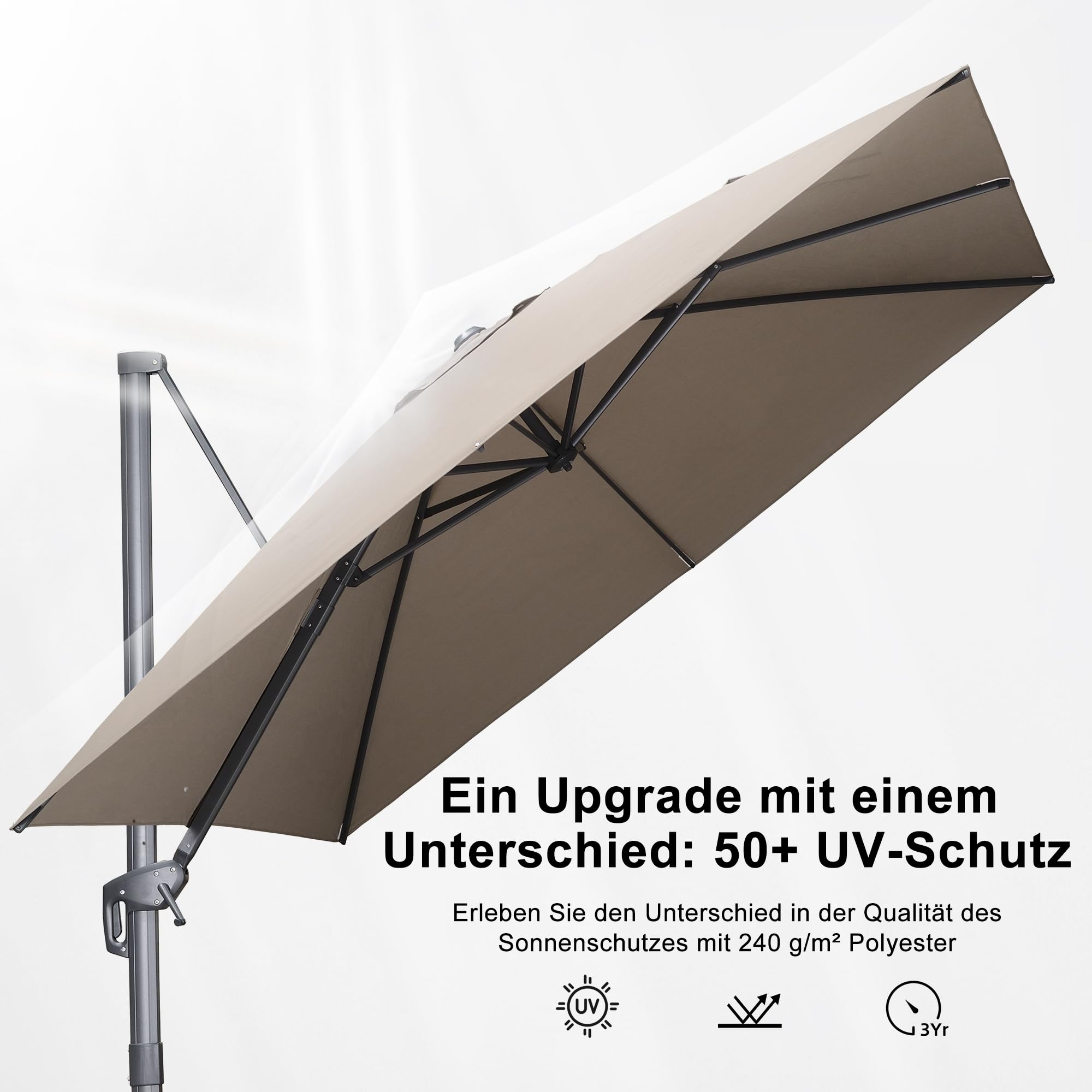 PURPLE LEAF Ampelschirm 300 x 300 cm Sonnenschirm aus Acrylimitat, Gartenschirm mit Kurbel, Gestell Aluminium, 360° Rotation, Wasserabweisend, UV50+, Asch Mokka 4